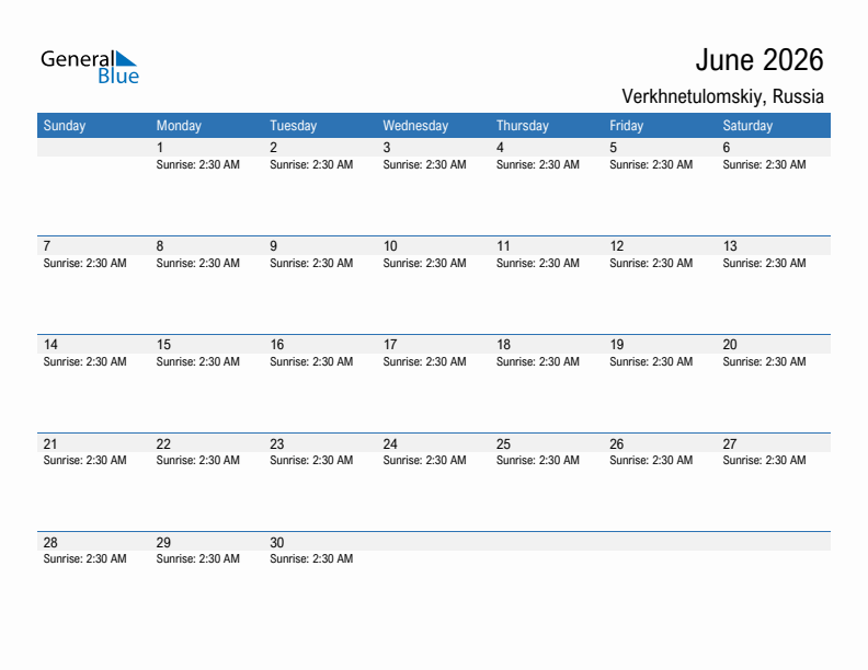 Verkhnetulomskiy June 2026 sunrise and sunset calendar in PDF, Excel, and Word