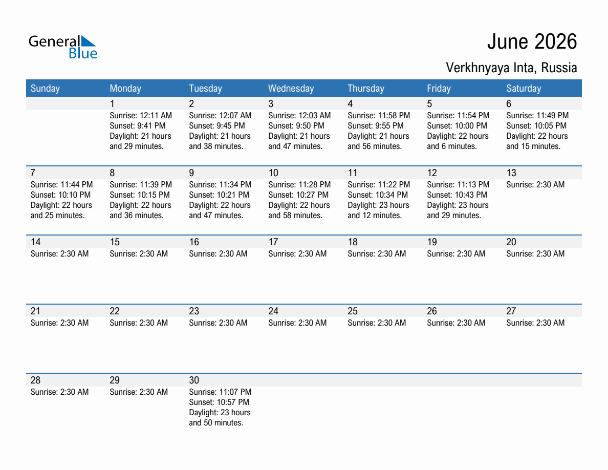 June 2026 sunrise and sunset calendar for Verkhnyaya Inta