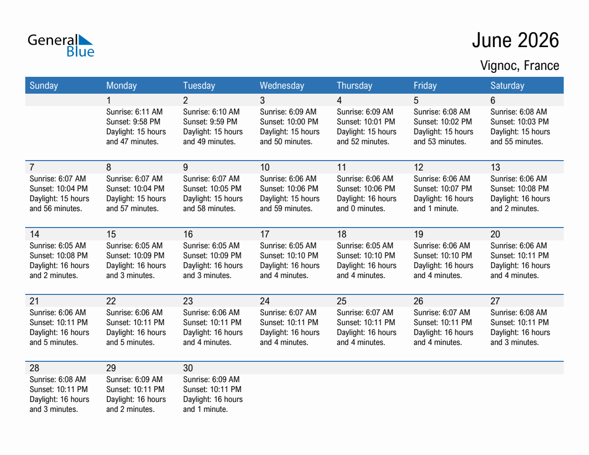 June 2026 sunrise and sunset calendar for Vignoc