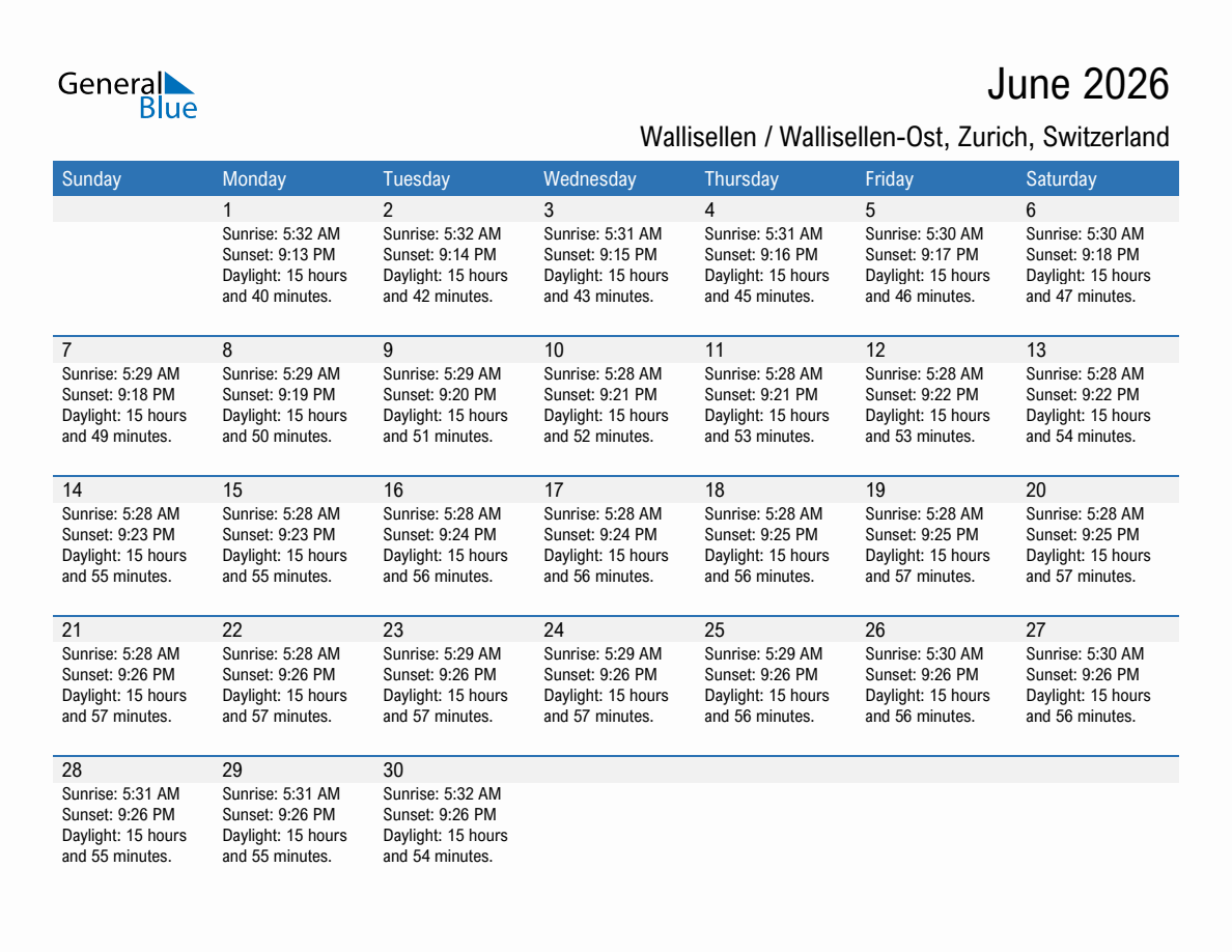 June 2026 sunrise and sunset calendar for Wallisellen / Wallisellen-Ost