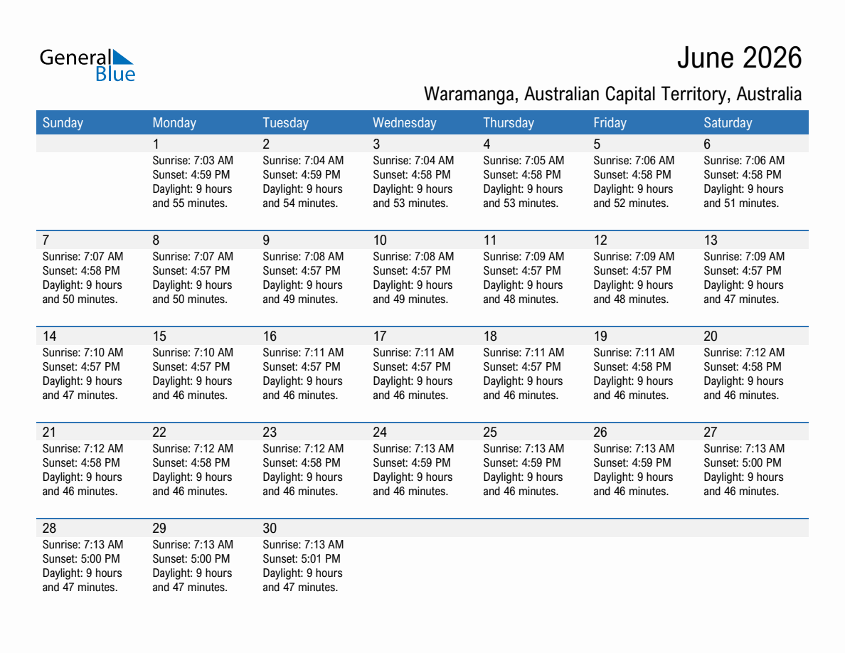 June 2026 sunrise and sunset calendar for Waramanga