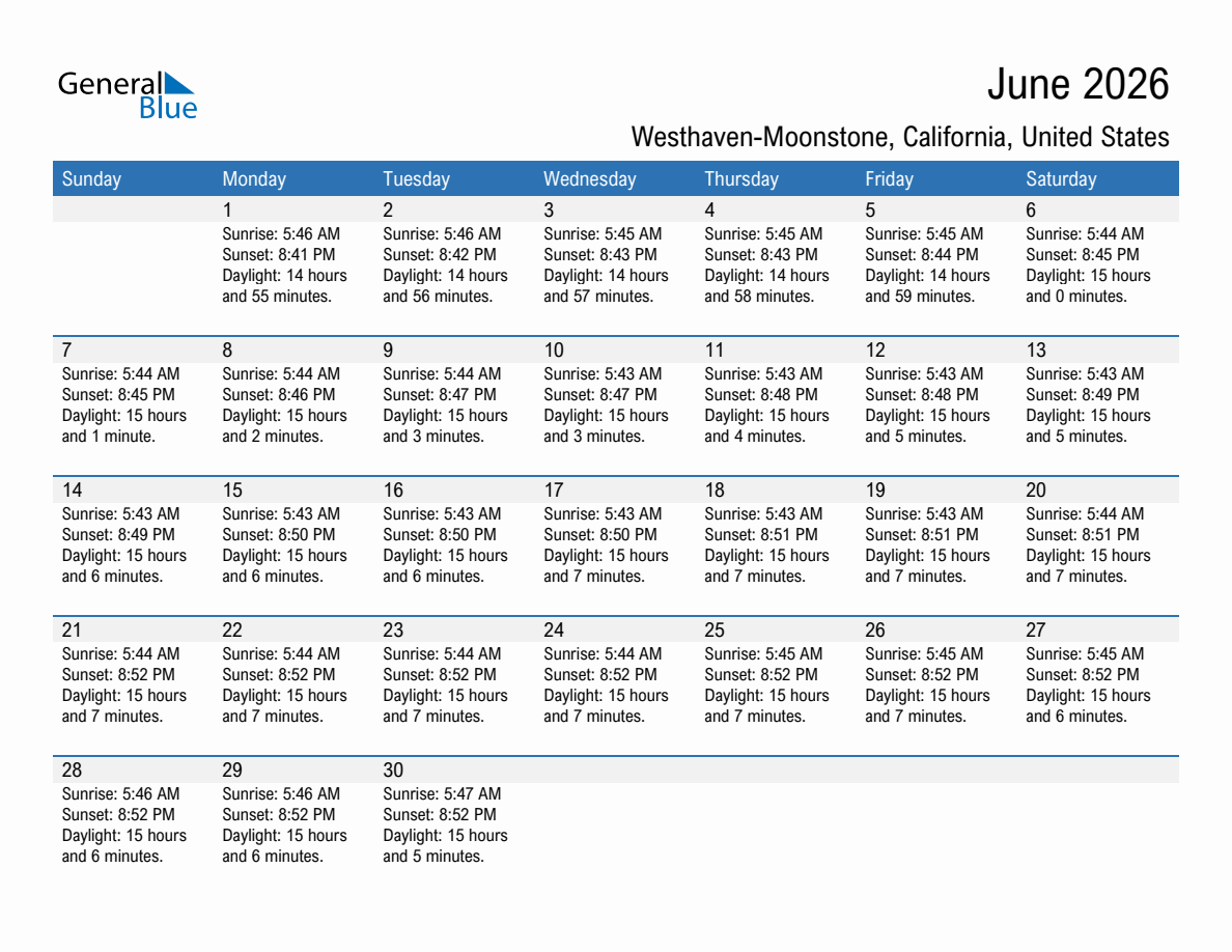 June 2026 sunrise and sunset calendar for Westhaven-Moonstone