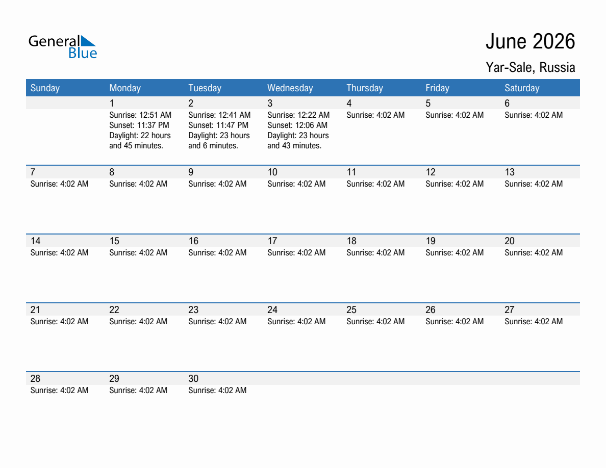 June 2026 sunrise and sunset calendar for Yar-Sale