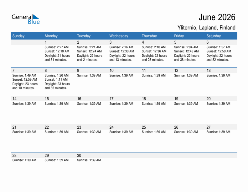 Ylitornio June 2026 sunrise and sunset calendar in PDF, Excel, and Word