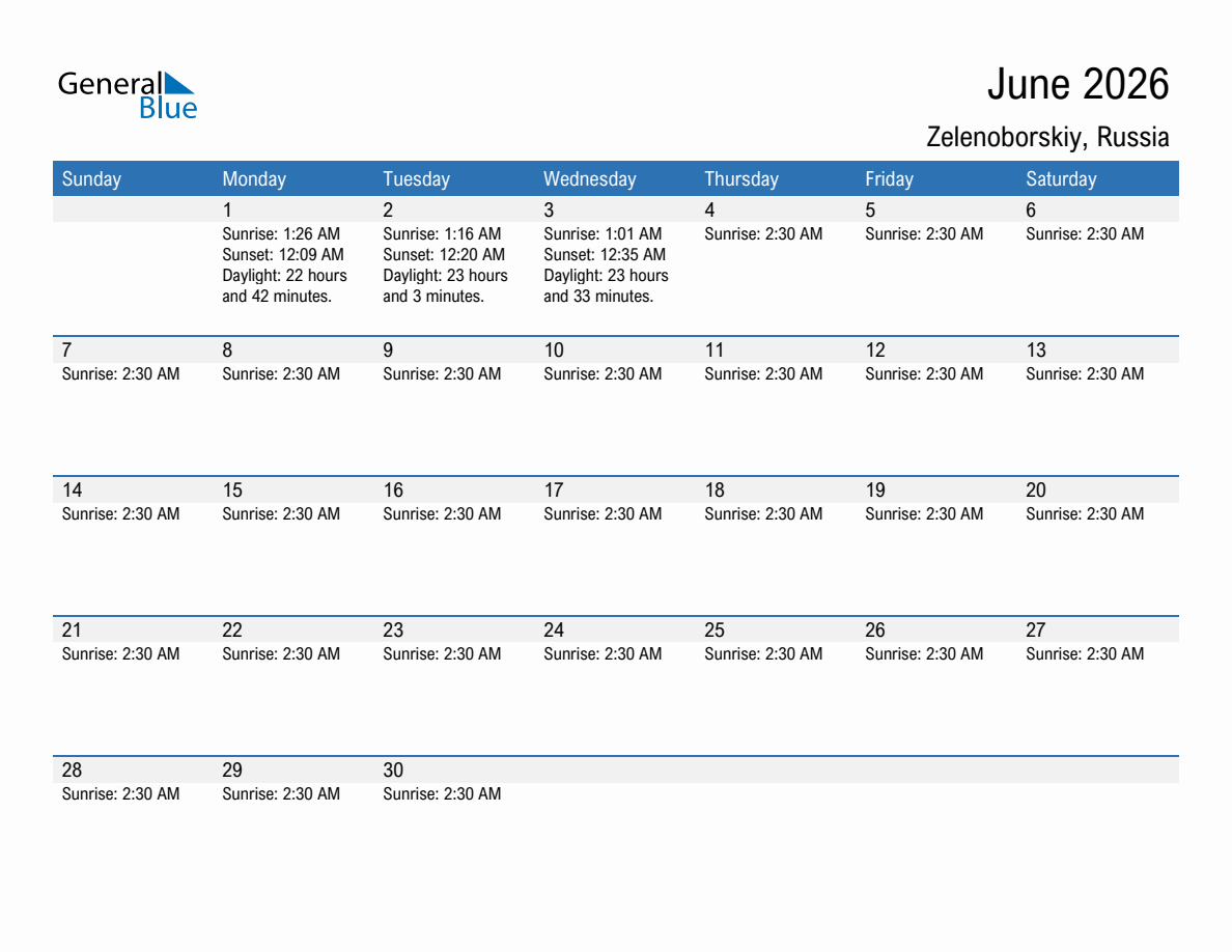 June 2026 sunrise and sunset calendar for Zelenoborskiy