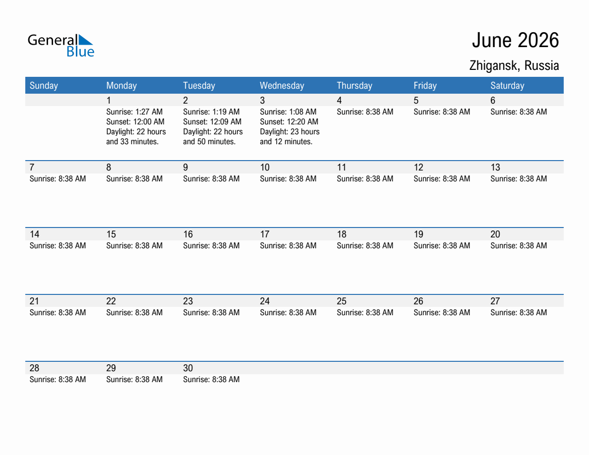 June 2026 sunrise and sunset calendar for Zhigansk