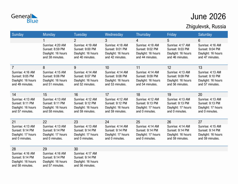 Zhigulevsk June 2026 sunrise and sunset calendar in PDF, Excel, and Word