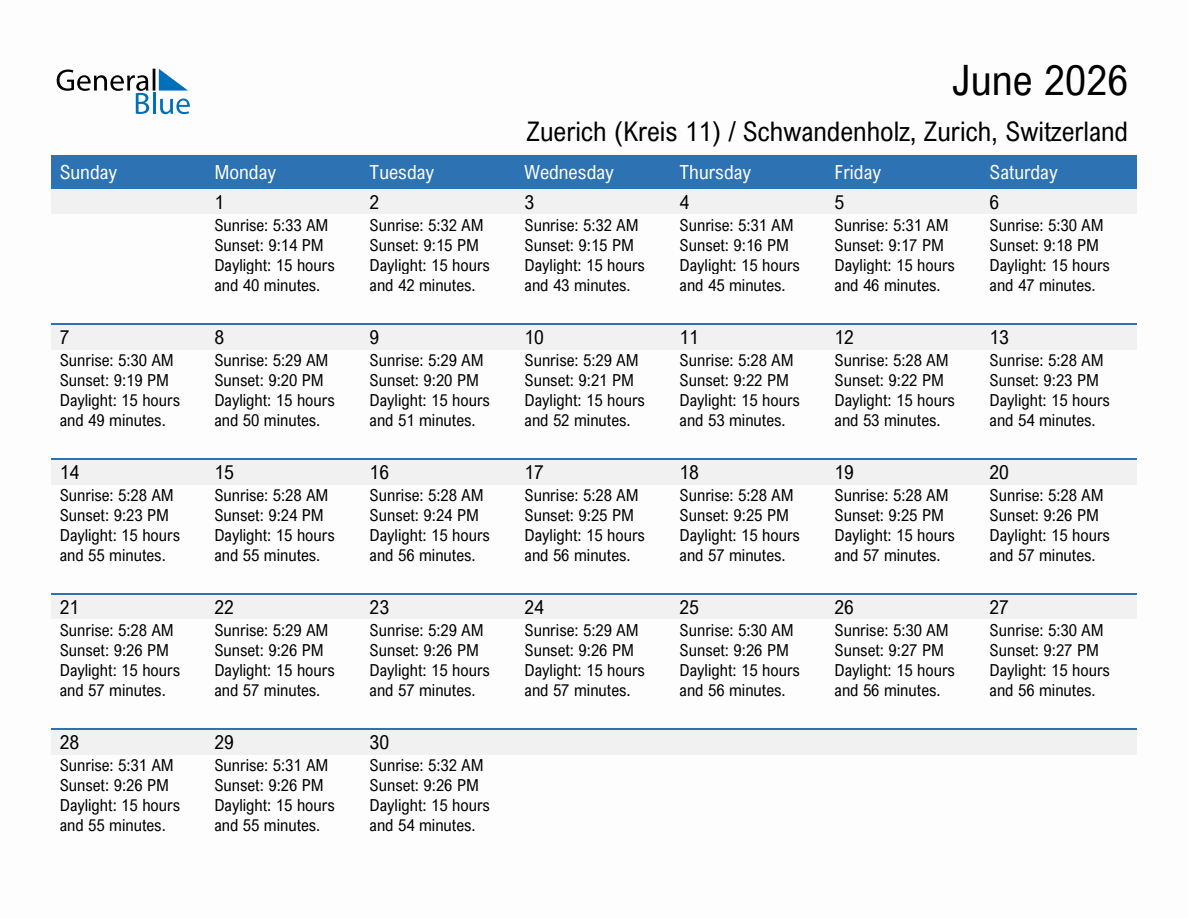 June 2026 sunrise and sunset calendar for Zuerich (Kreis 11) / Schwandenholz