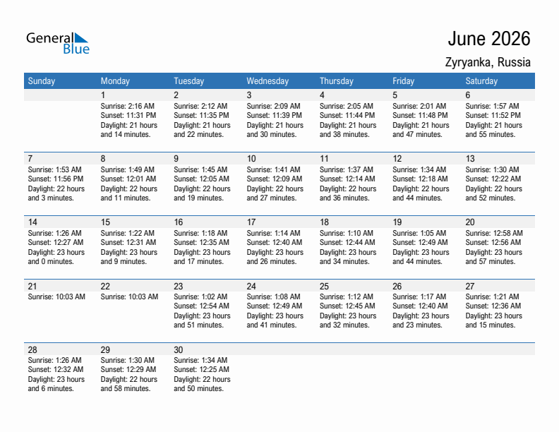 Zyryanka June 2026 sunrise and sunset calendar in PDF, Excel, and Word