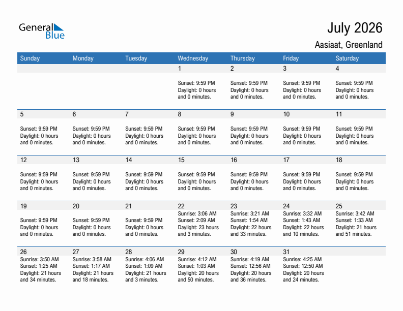 Aasiaat July 2026 sunrise and sunset calendar in PDF, Excel, and Word