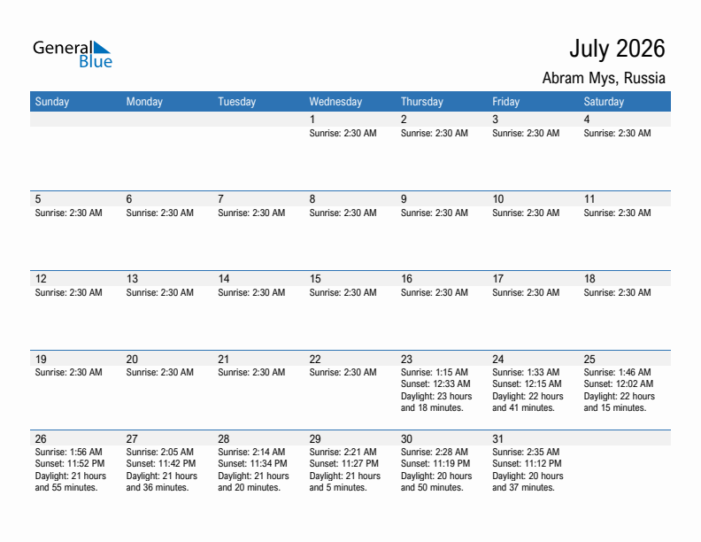 Abram Mys July 2026 sunrise and sunset calendar in PDF, Excel, and Word