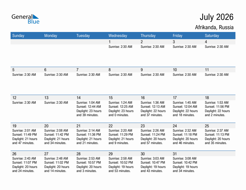 Afrikanda July 2026 sunrise and sunset calendar in PDF, Excel, and Word