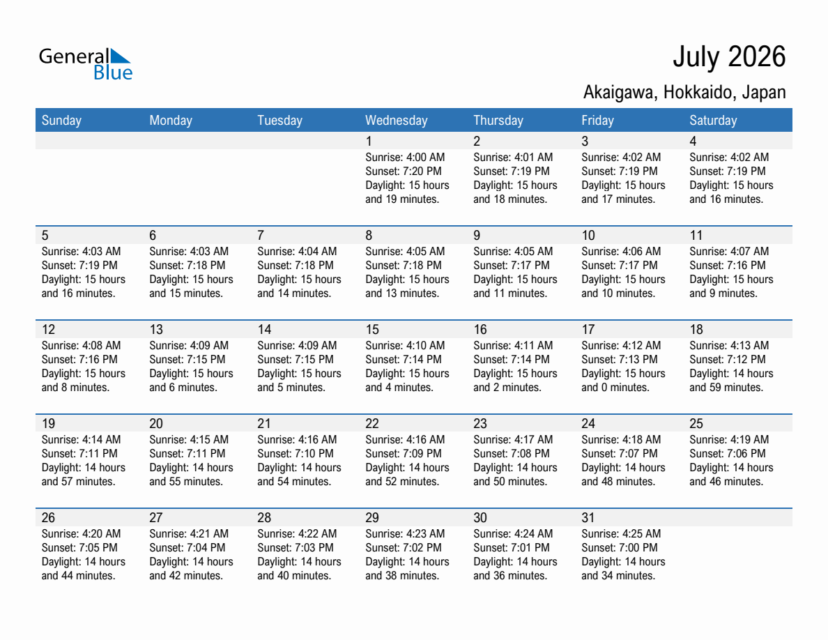 July 2026 sunrise and sunset calendar for Akaigawa