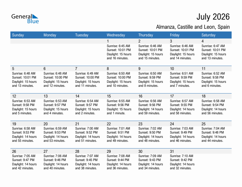 Almanza July 2026 sunrise and sunset calendar in PDF, Excel, and Word