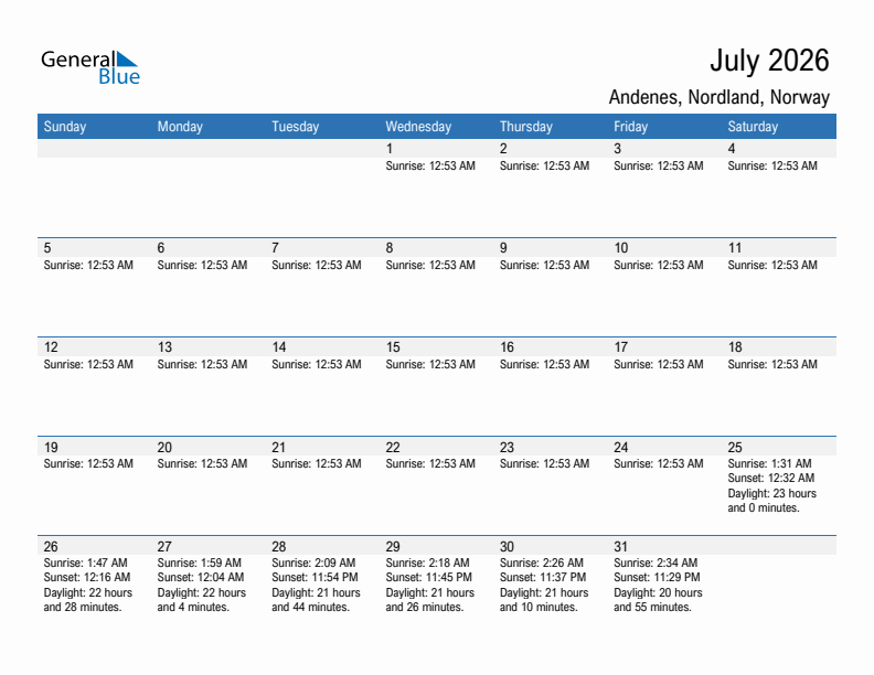 Andenes July 2026 sunrise and sunset calendar in PDF, Excel, and Word