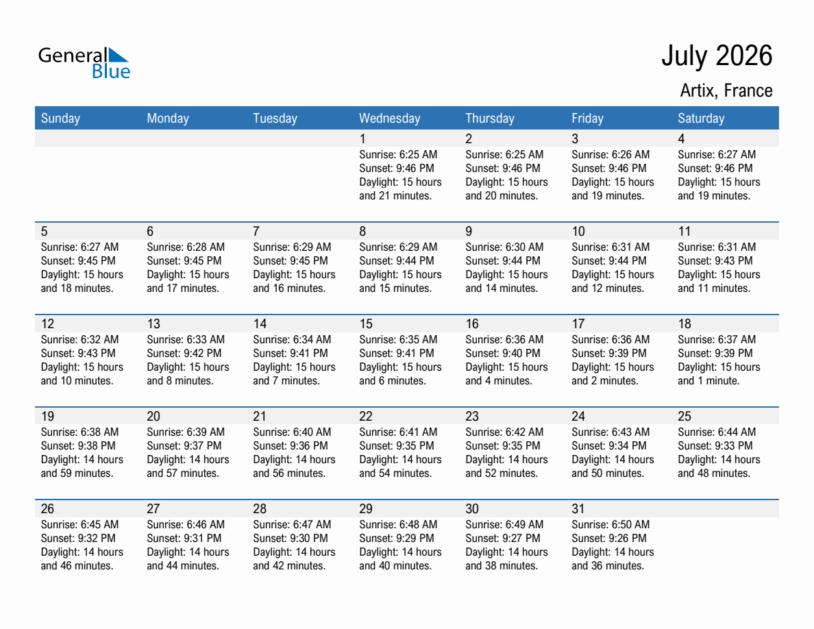 July 2026 sunrise and sunset calendar for Artix