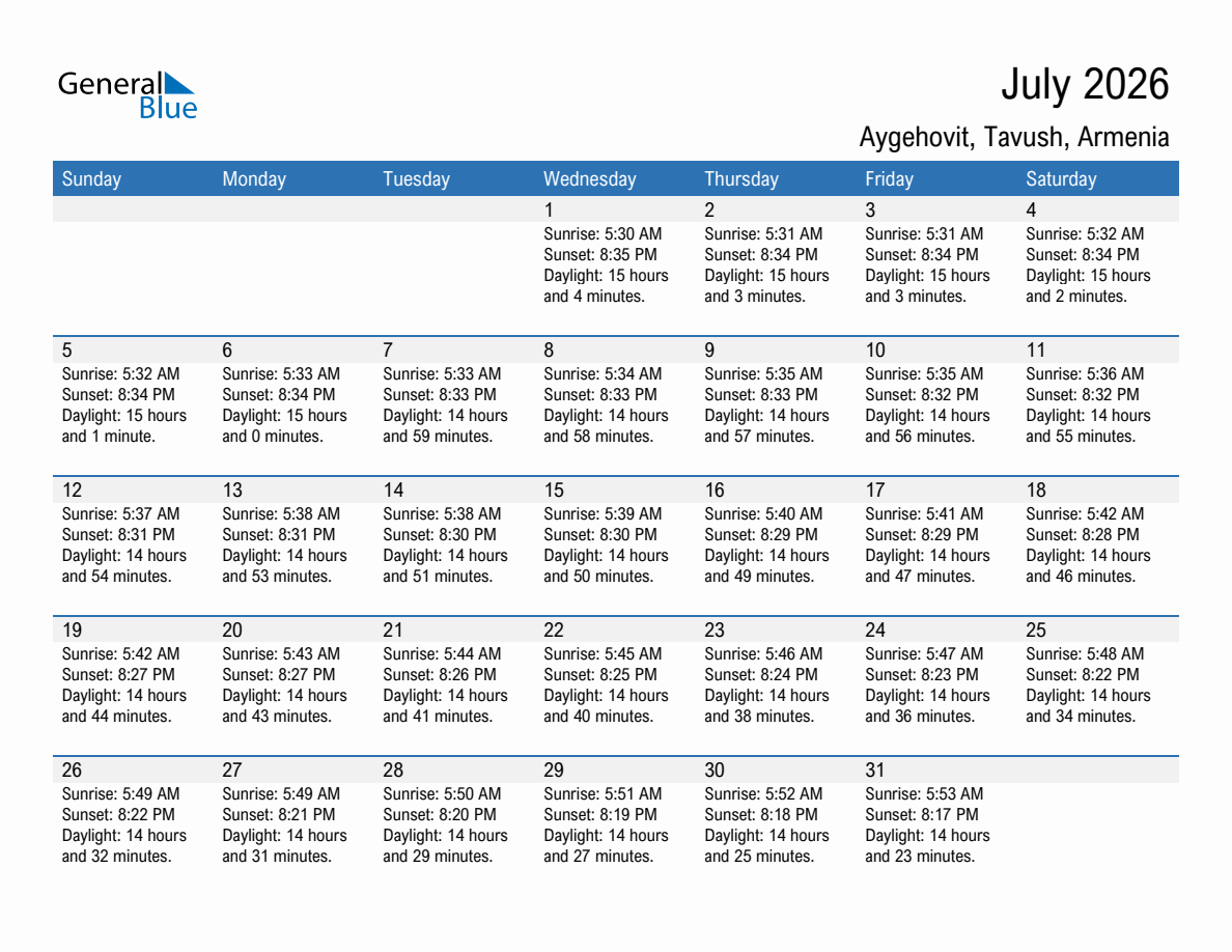 July 2026 sunrise and sunset calendar for Aygehovit