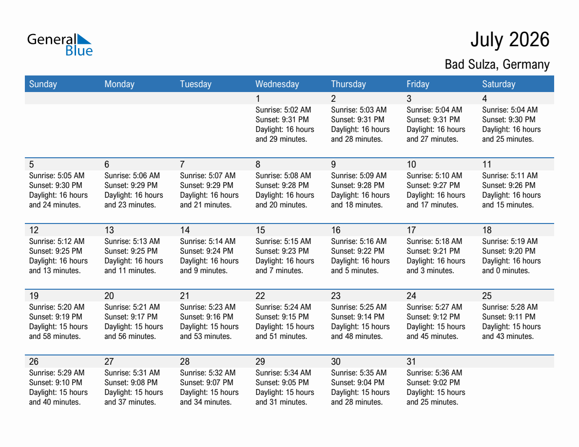 July 2026 sunrise and sunset calendar for Bad Sulza