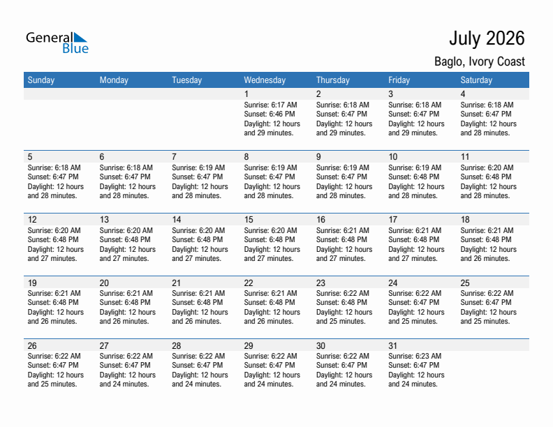 Baglo July 2026 sunrise and sunset calendar in PDF, Excel, and Word