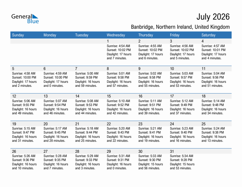 Banbridge July 2026 sunrise and sunset calendar in PDF, Excel, and Word
