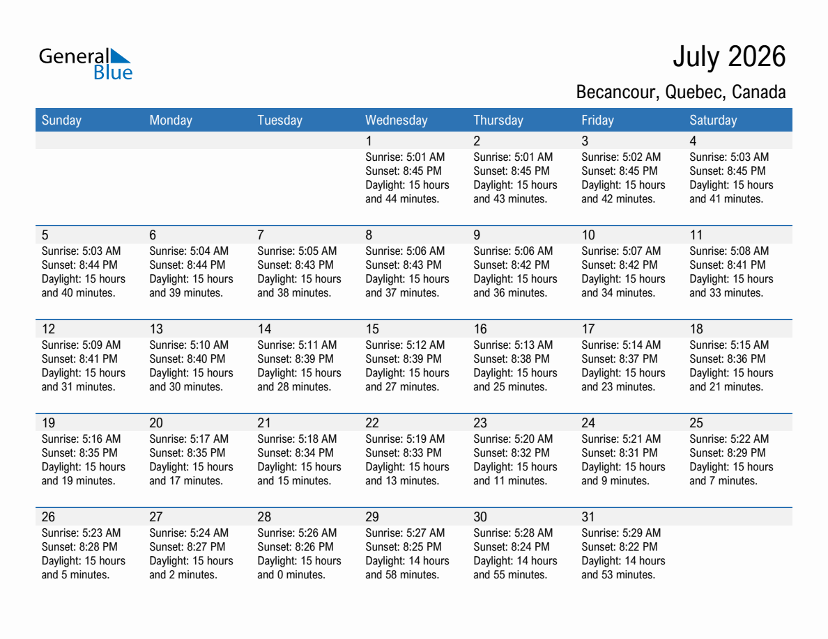July 2026 sunrise and sunset calendar for Becancour
