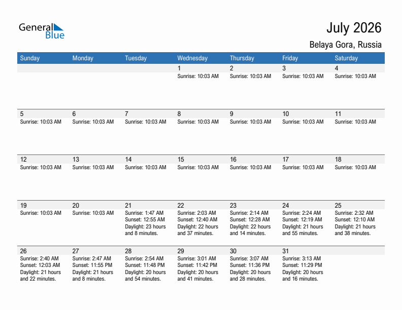 Belaya Gora July 2026 sunrise and sunset calendar in PDF, Excel, and Word
