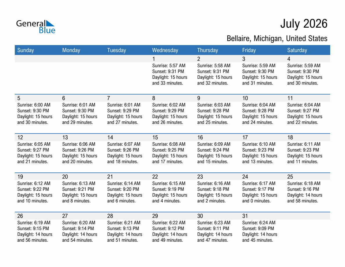 July 2026 sunrise and sunset calendar for Bellaire