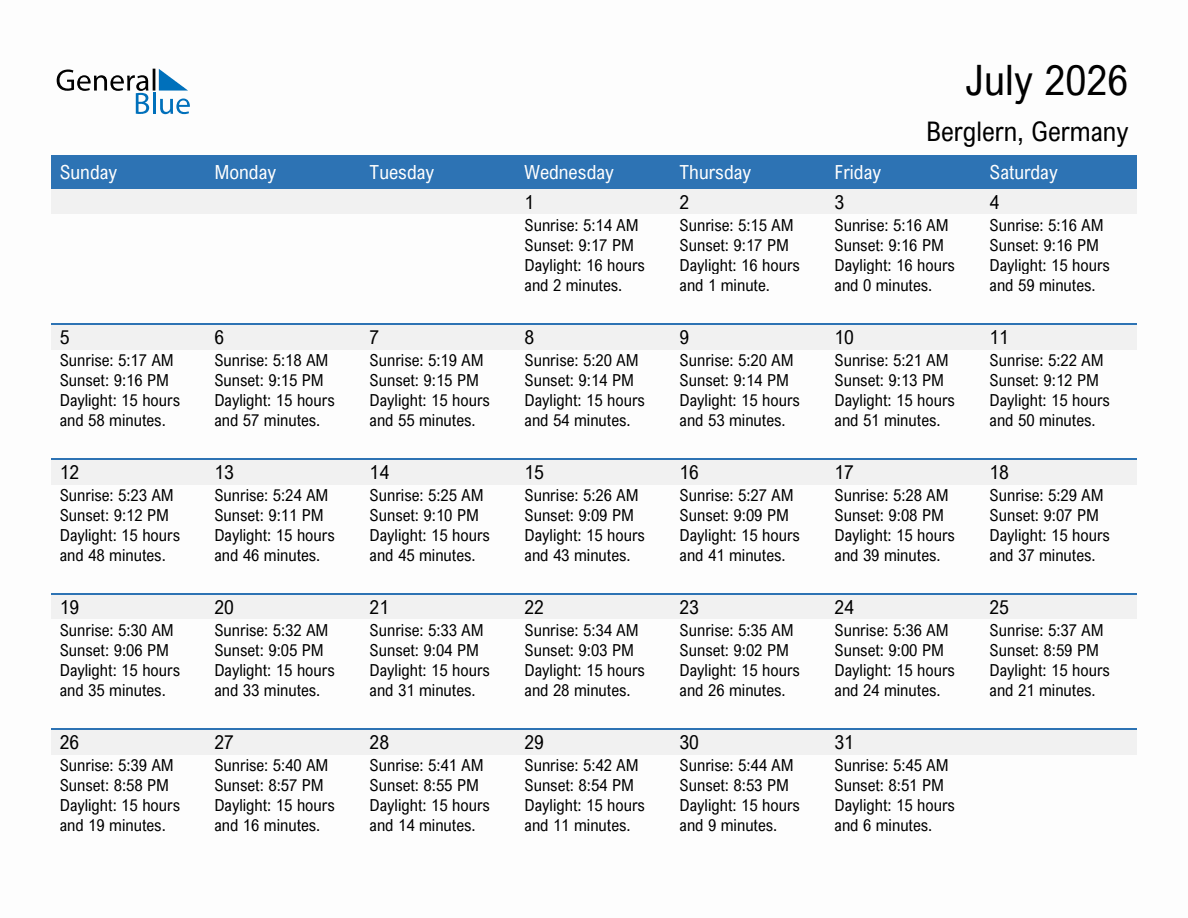 July 2026 sunrise and sunset calendar for Berglern