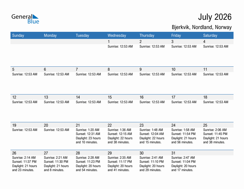 Bjerkvik July 2026 sunrise and sunset calendar in PDF, Excel, and Word