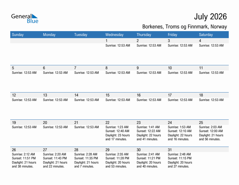 Borkenes July 2026 sunrise and sunset calendar in PDF, Excel, and Word