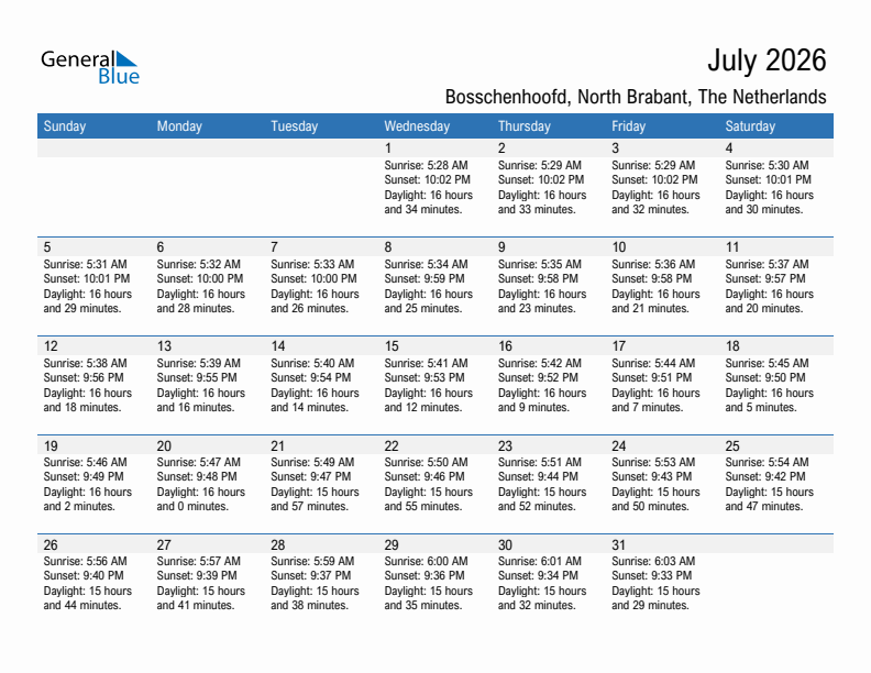 Bosschenhoofd July 2026 sunrise and sunset calendar in PDF, Excel, and Word
