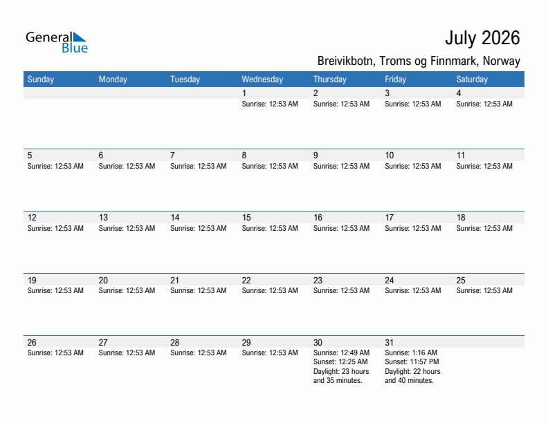 Breivikbotn July 2026 sunrise and sunset calendar in PDF, Excel, and Word