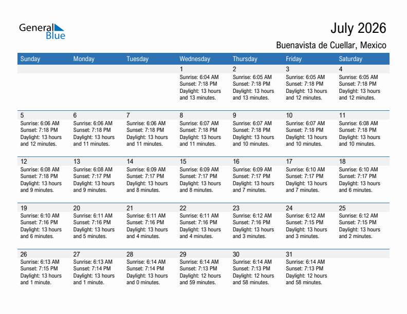 Buenavista de Cuellar July 2026 sunrise and sunset calendar in PDF, Excel, and Word