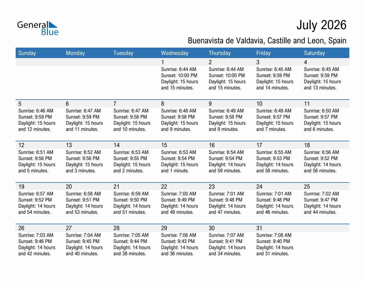 July 2026 sunrise and sunset calendar for Buenavista de Valdavia