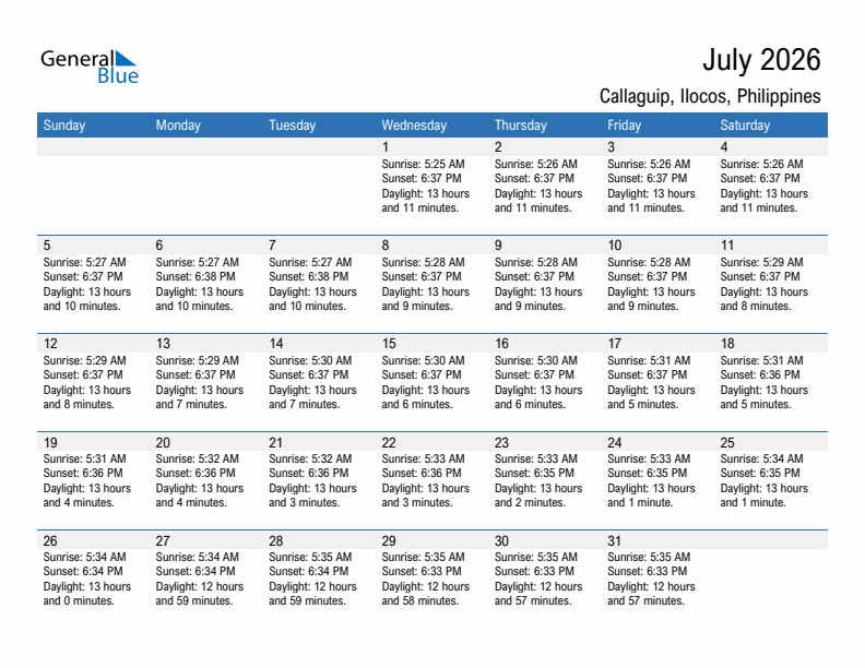 Callaguip July 2026 sunrise and sunset calendar in PDF, Excel, and Word