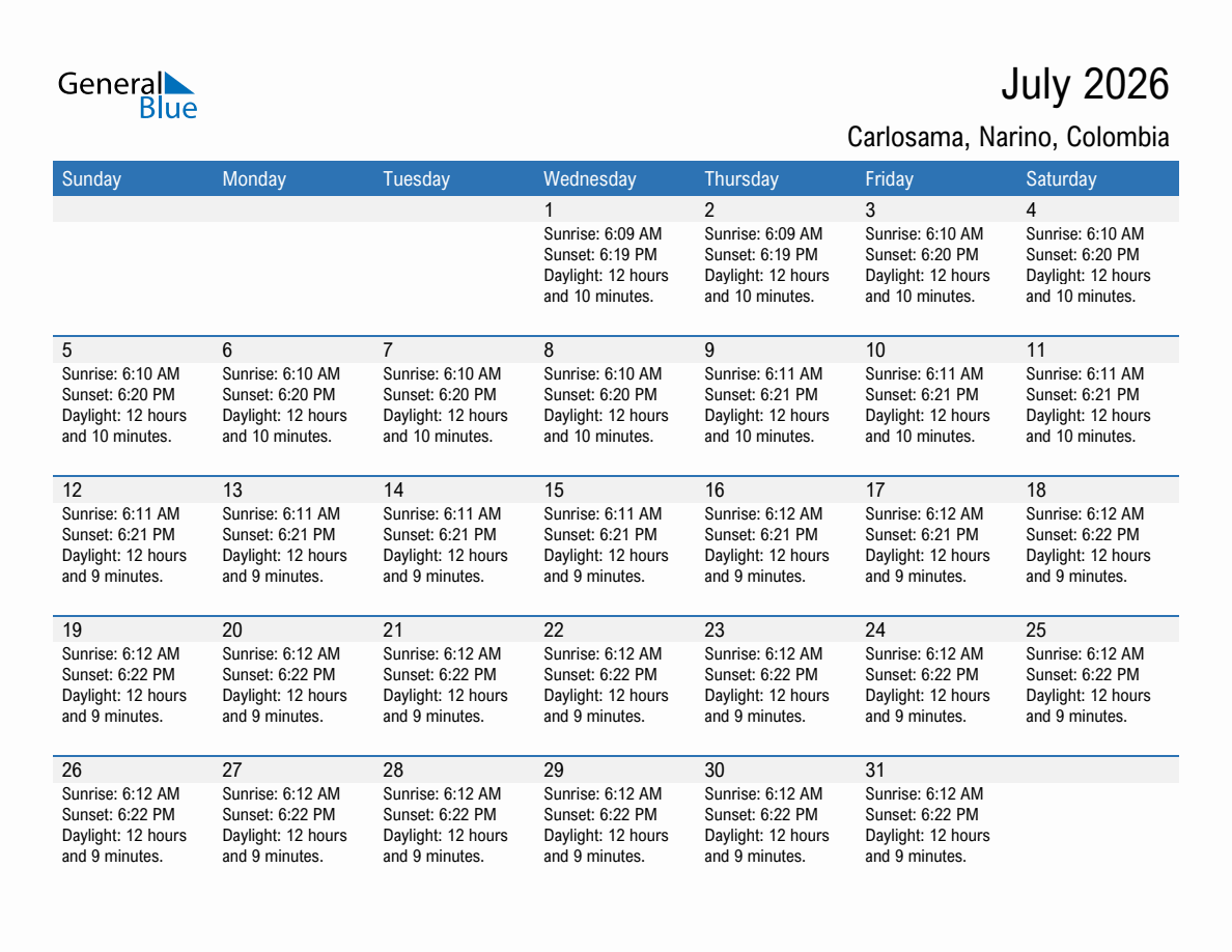 July 2026 sunrise and sunset calendar for Carlosama
