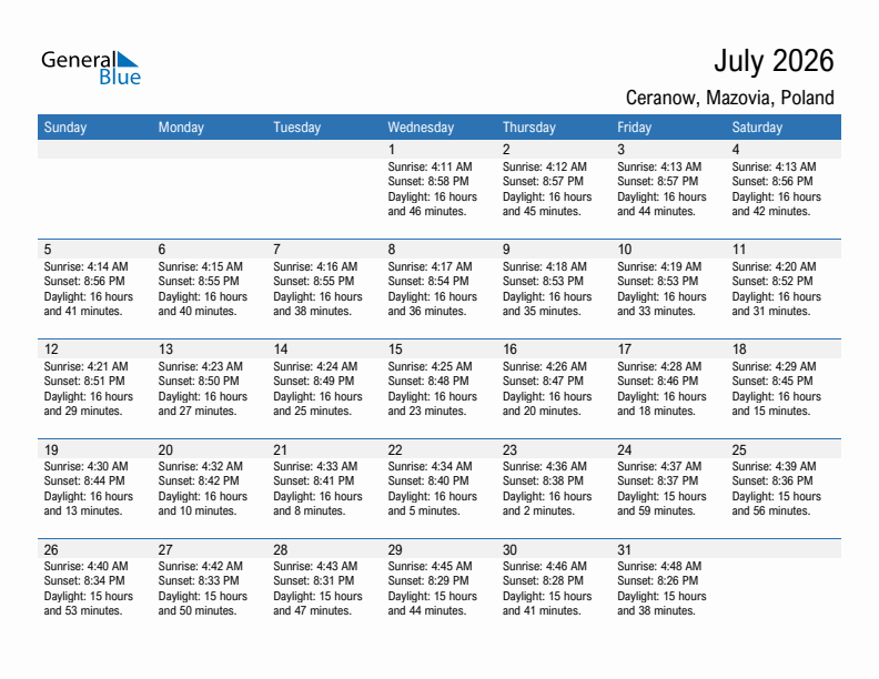 Ceranow July 2026 sunrise and sunset calendar in PDF, Excel, and Word