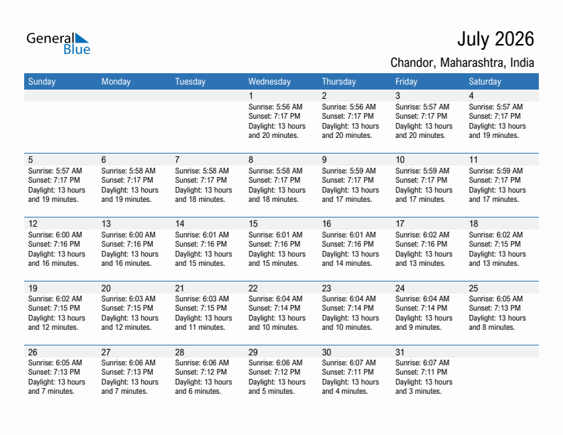 Chandor July 2026 sunrise and sunset calendar in PDF, Excel, and Word