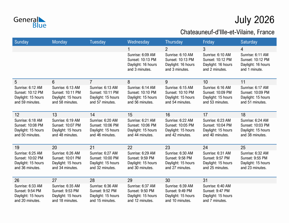 July 2026 sunrise and sunset calendar for Chateauneuf-d'Ille-et-Vilaine