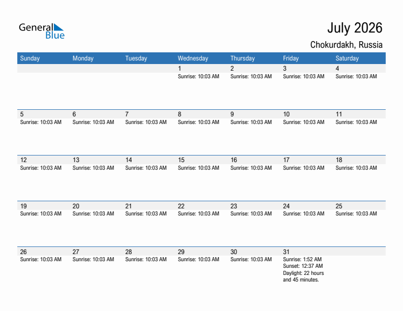 Chokurdakh July 2026 sunrise and sunset calendar in PDF, Excel, and Word