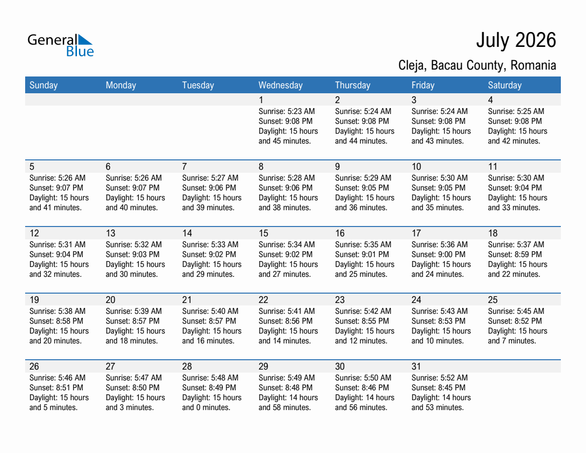 July 2026 sunrise and sunset calendar for Cleja