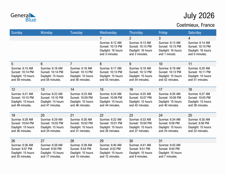 Coetmieux July 2026 sunrise and sunset calendar in PDF, Excel, and Word