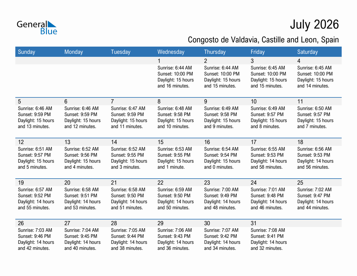 July 2026 sunrise and sunset calendar for Congosto de Valdavia