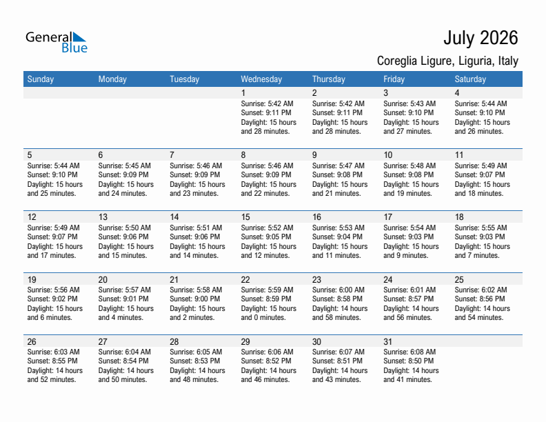 Coreglia Ligure July 2026 sunrise and sunset calendar in PDF, Excel, and Word