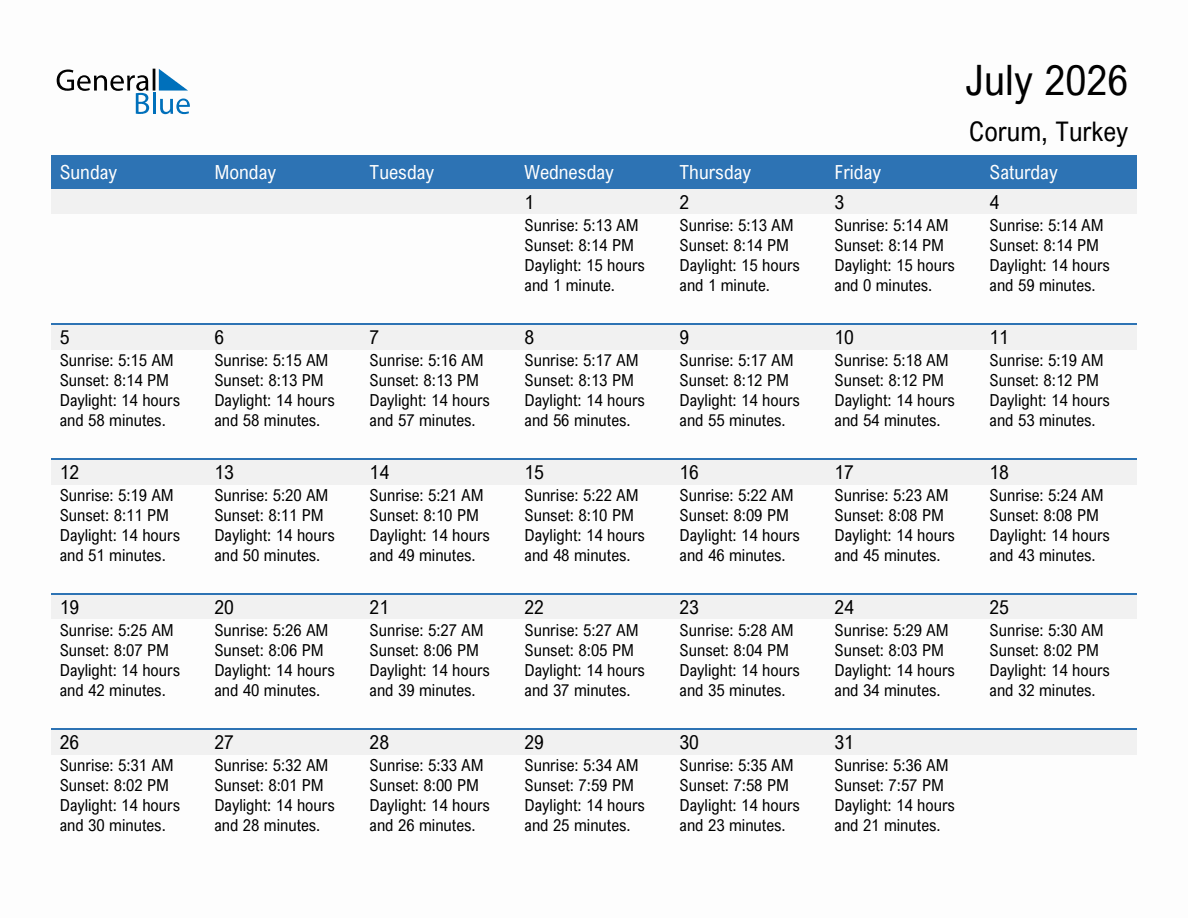 July 2026 sunrise and sunset calendar for Corum