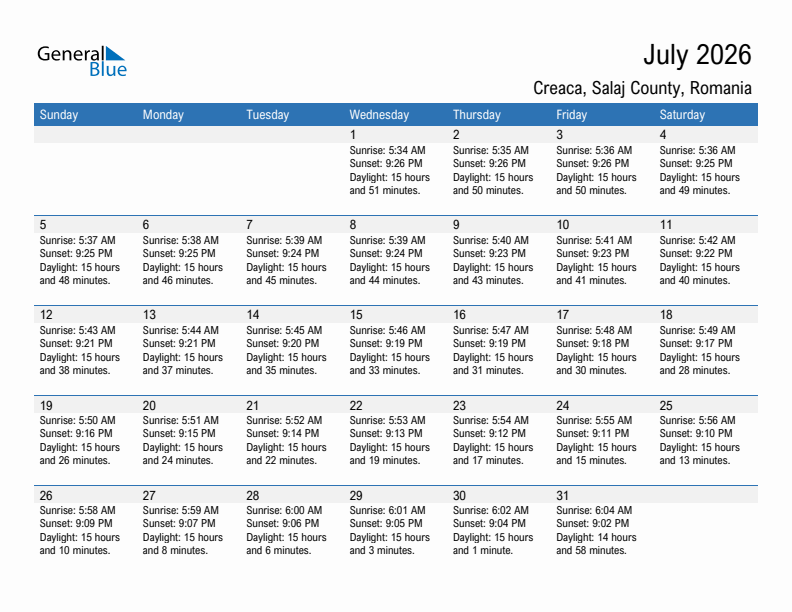 Creaca July 2026 sunrise and sunset calendar in PDF, Excel, and Word