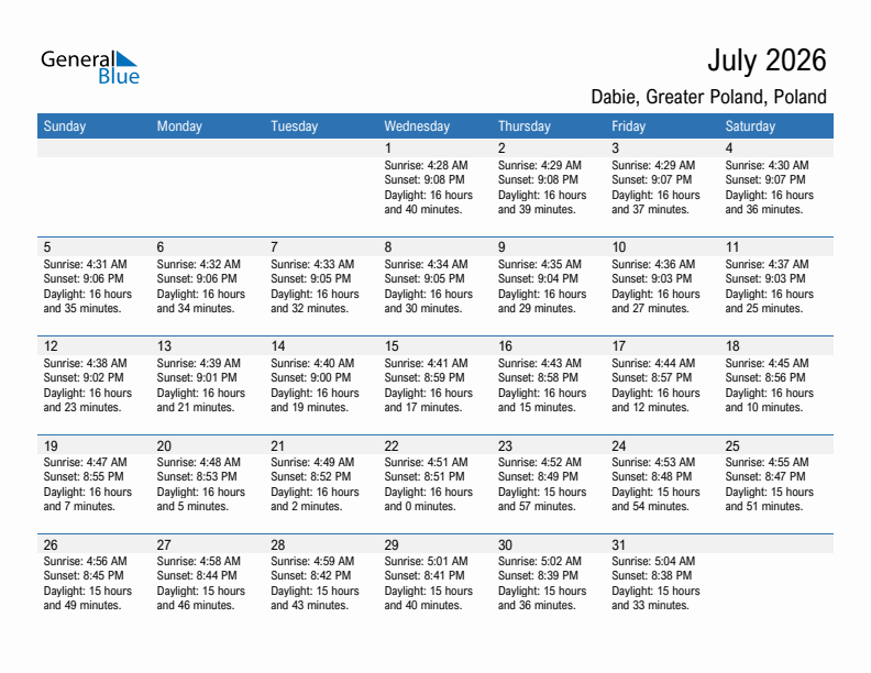 Dabie July 2026 sunrise and sunset calendar in PDF, Excel, and Word