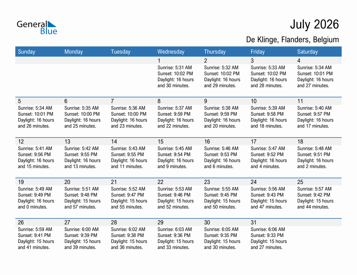 July 2026 sunrise and sunset calendar for De Klinge