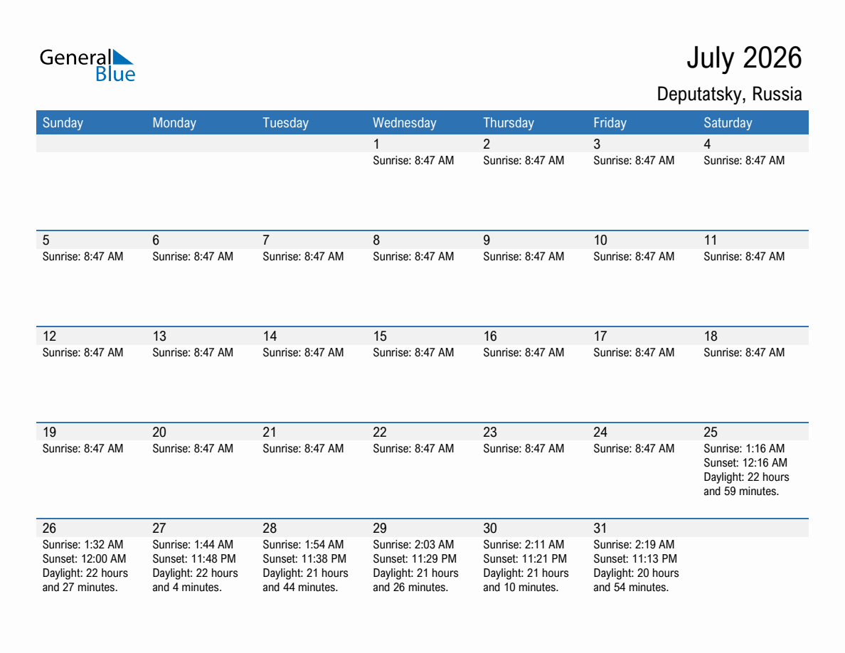 July 2026 sunrise and sunset calendar for Deputatsky