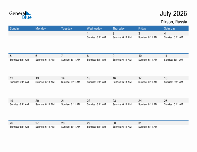 Dikson July 2026 sunrise and sunset calendar in PDF, Excel, and Word